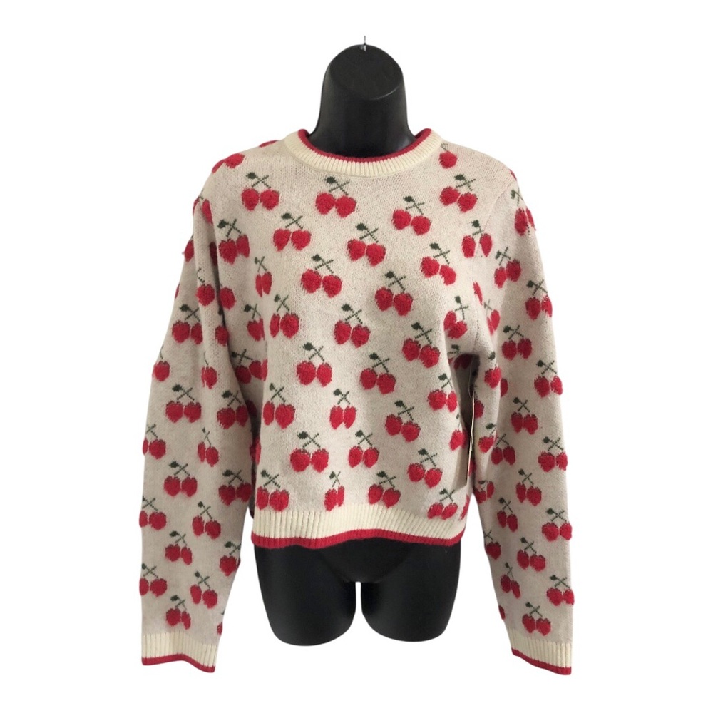 Beige and‎ red trim tufted cherry print whimsical sweater size large brand new